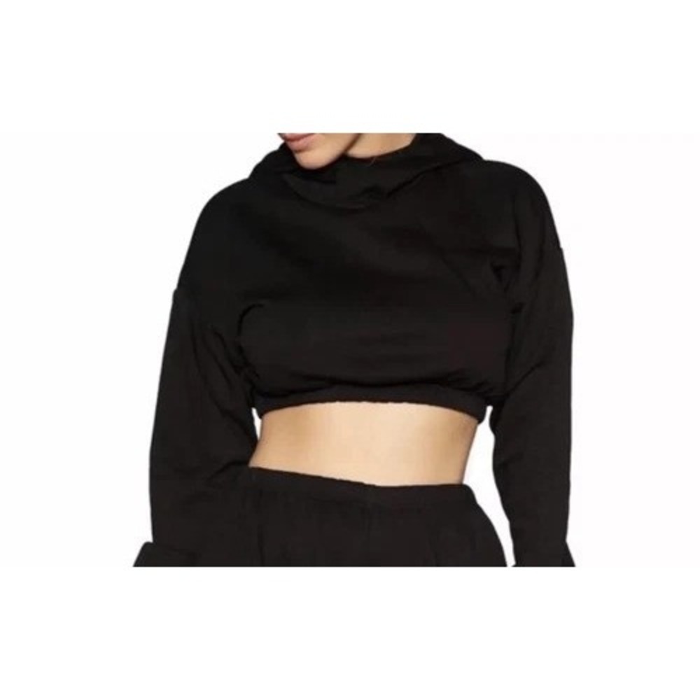 Naked Wardrobe Women's Black Cropped Draped Hood Elastic Hem Hoodie Size Large